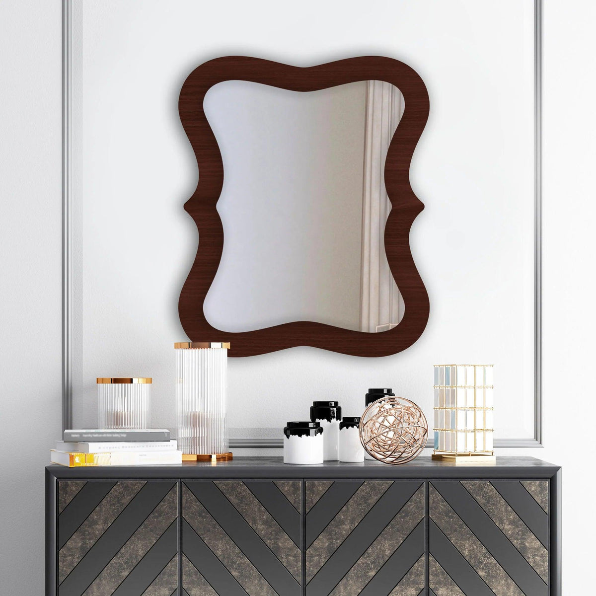 Rectangular Wavy Shaped Wooden Wall Mirror - Decor Mantra 