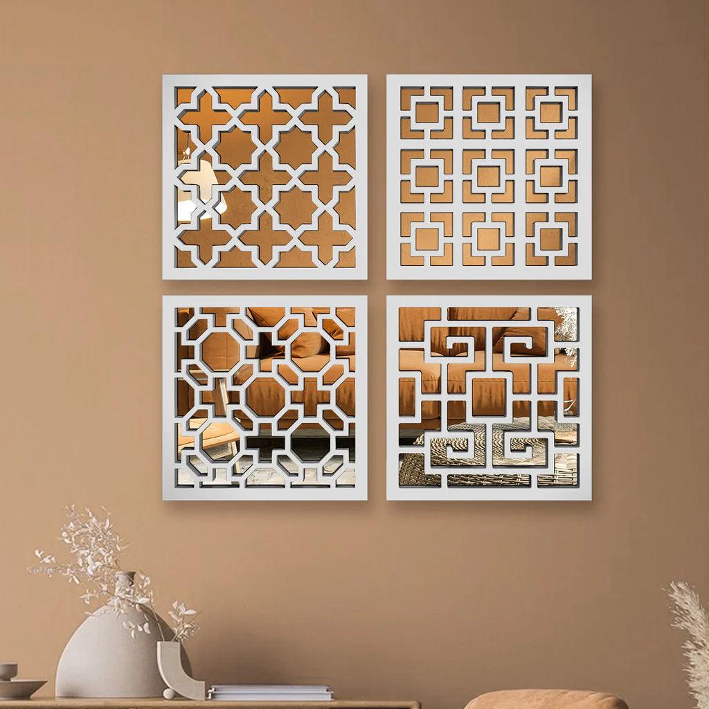 Regal Intricate Pattern Wooden Mirror Wall Art Set of 4 - Decor Mantra 
