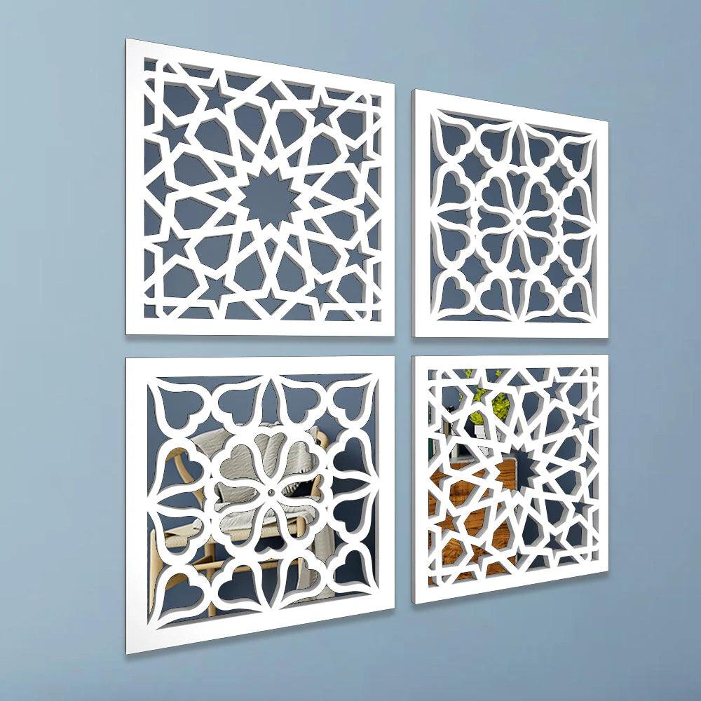 Regal Intricate Pattern Wooden Mirror Wall Art Set of 4 - Decor Mantra 