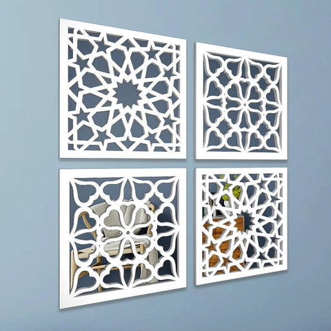 Regal Intricate Pattern Wooden Mirror Wall Art Set of 4 - Decor Mantra 