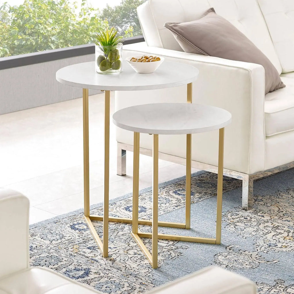 Round Shape Iron Stand Side Marble Table Set of 2 - Decor Mantra 