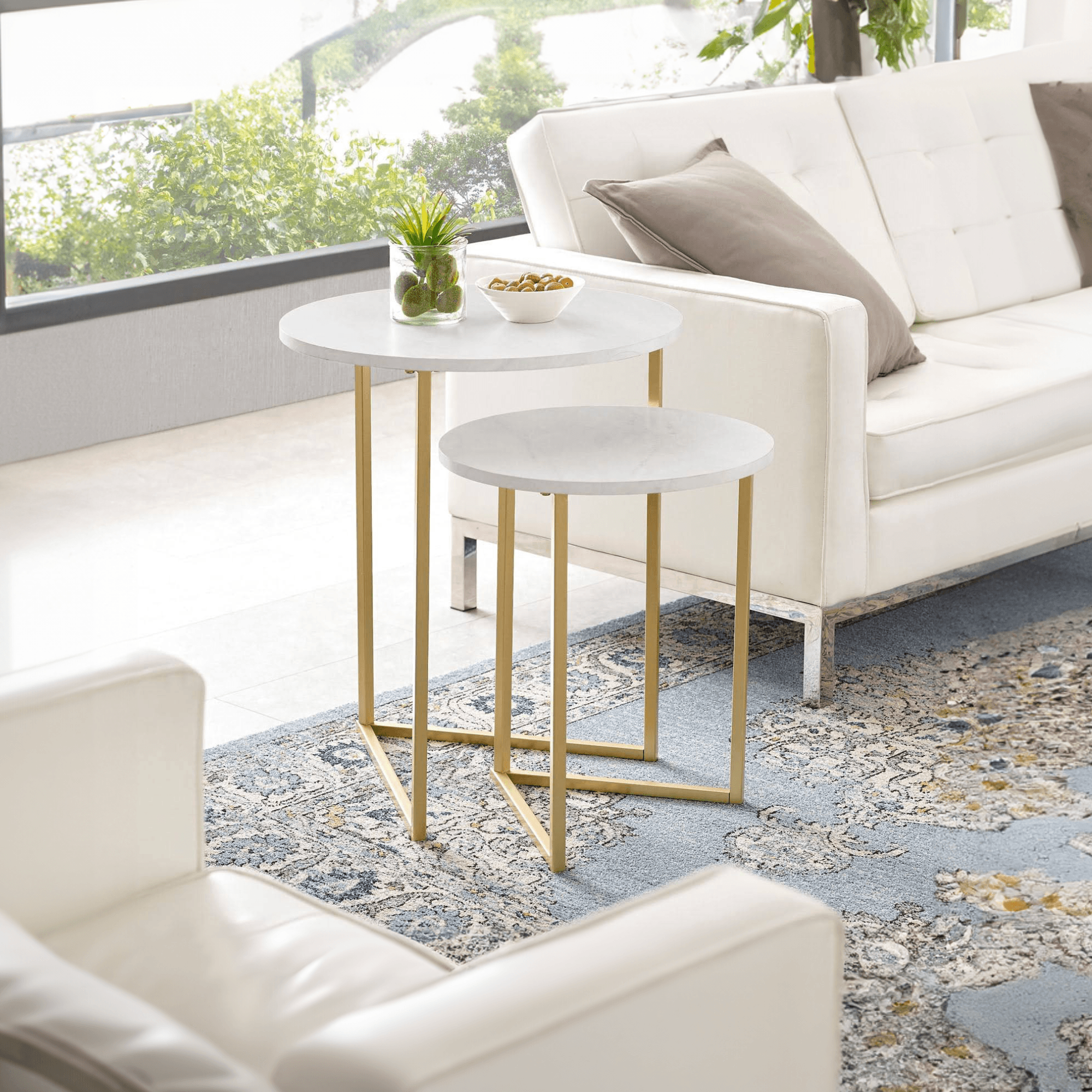 Round Shape Iron Stand Side Marble Table Set of 2 - Decor Mantra 