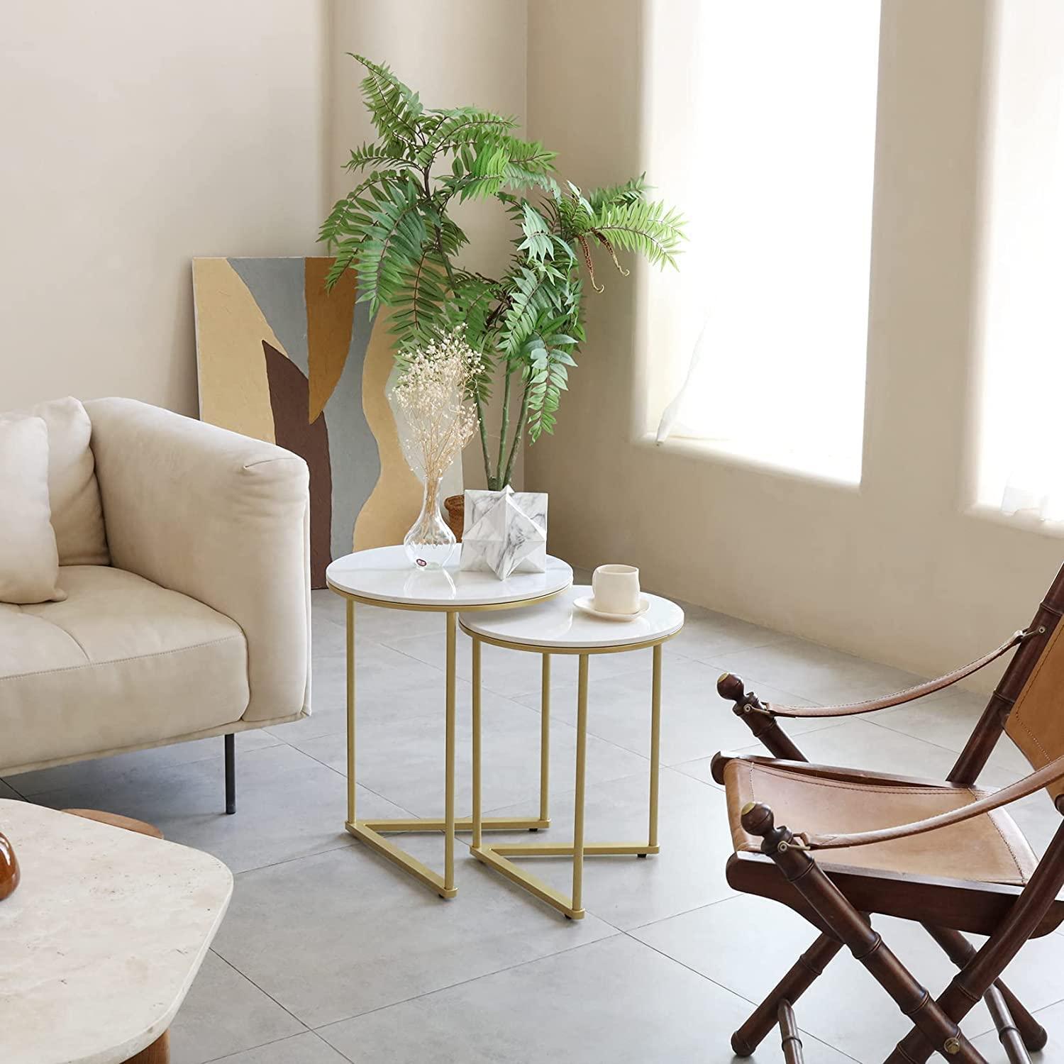 Round Shape Iron Stand Side Marble Table Set of 2 - Decor Mantra 