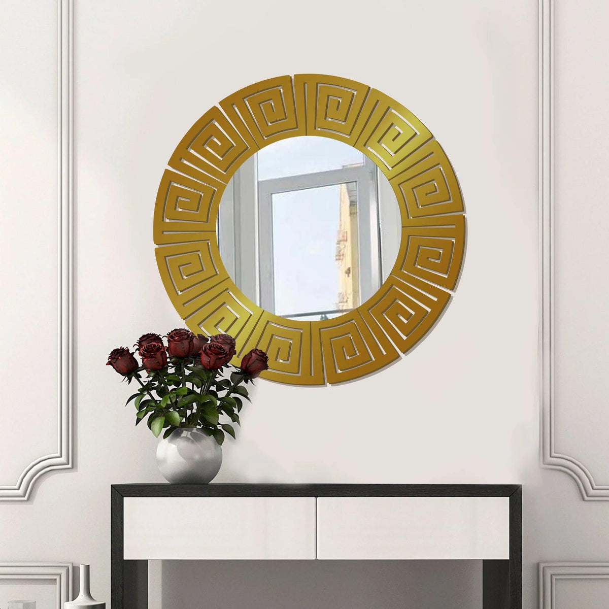 Round Shape Unique Design Stylish Wooden Wall Mirror With Gold Texture - Decor Mantra 