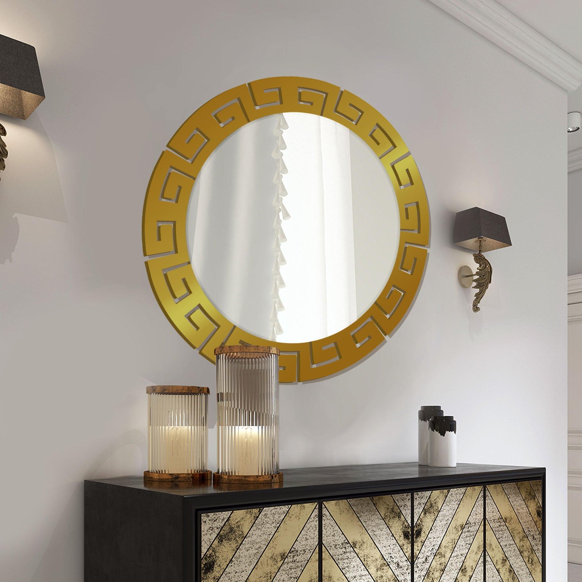 Round Shape Unique Design Wooden Wall Mirror With Gold Texture - Decor Mantra 