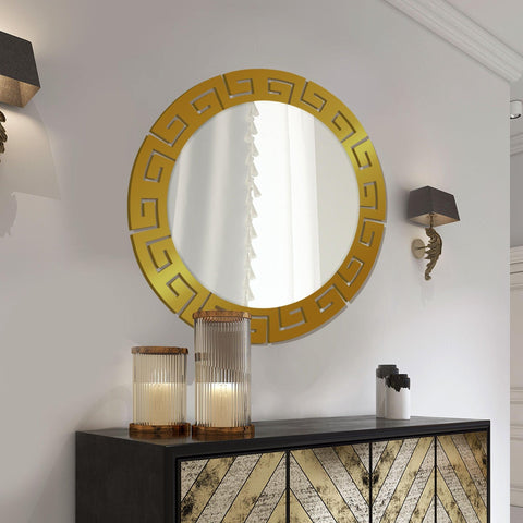 Round Shape Unique Design Wooden Wall Mirror With Gold Texture - Decor Mantra 