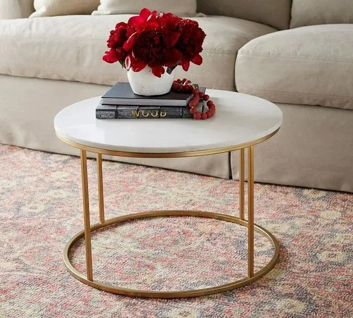Premium White Marble Round Shaped Golden Stand Center Table - Decor Mantra 