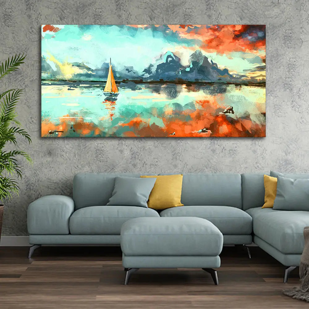 Sailing Boat in Lake at Sunset Premium Canvas Wall Painting Harshita Crafts