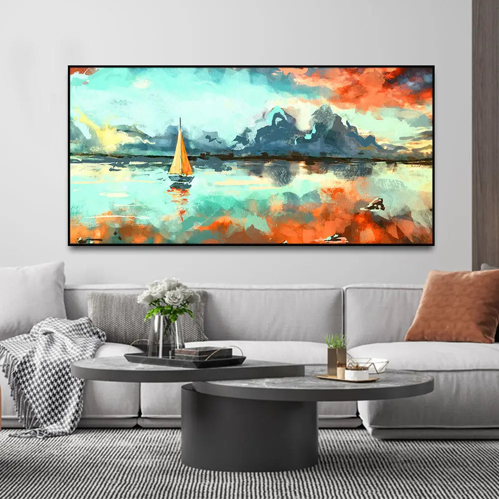 Sailing Boat in Lake at Sunset Premium Canvas Wall Painting Harshita Crafts