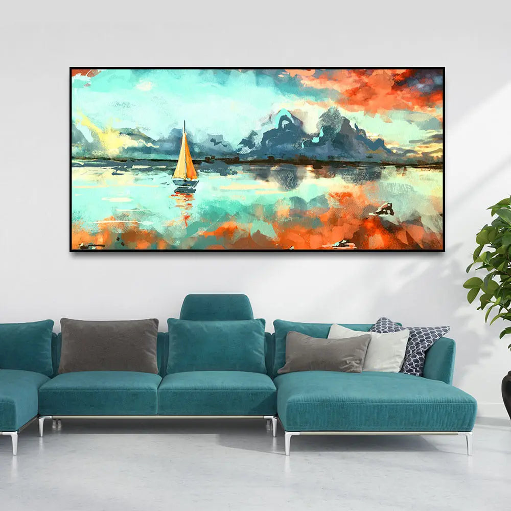 Sailing Boat in Lake at Sunset Premium Canvas Wall Painting Harshita Crafts