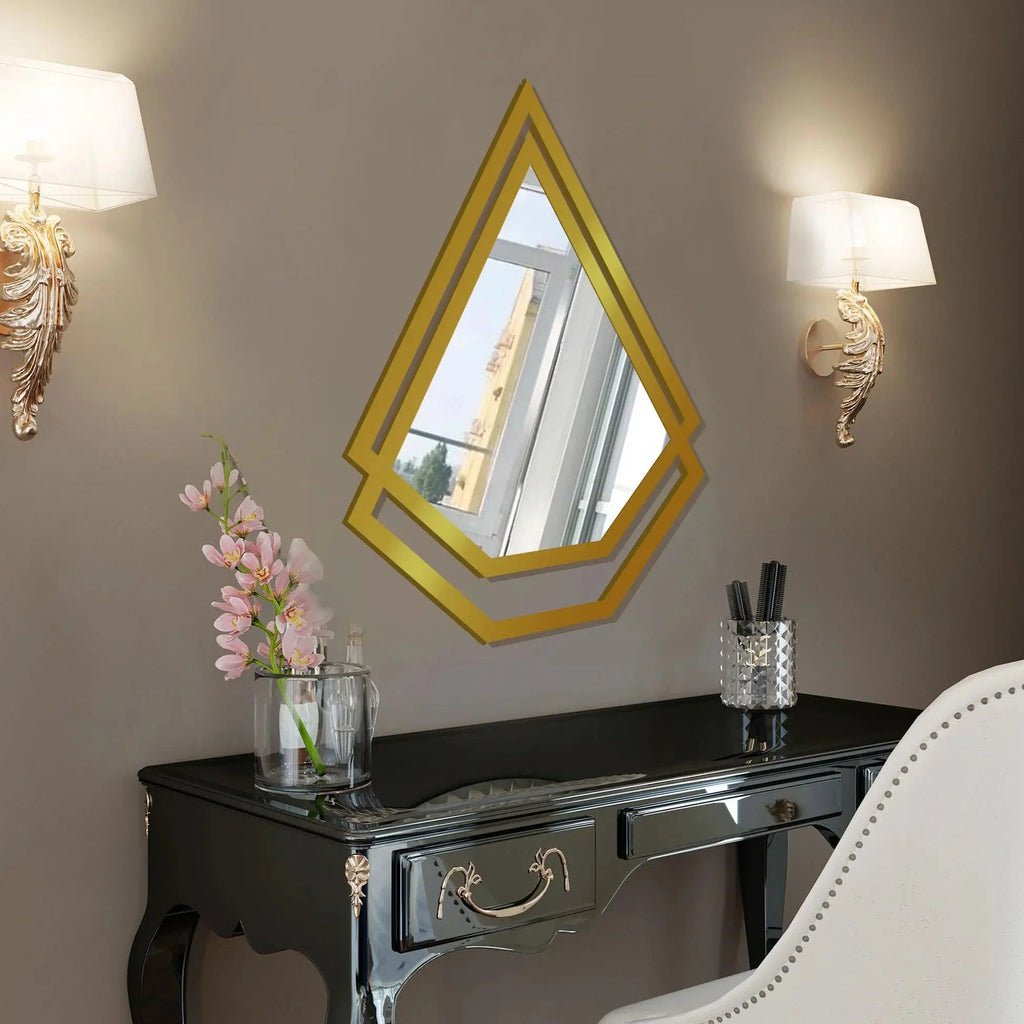 Double Kite Shape Unique Design Wooden Wall Mirror With Gold Texture - Decor Mantra 