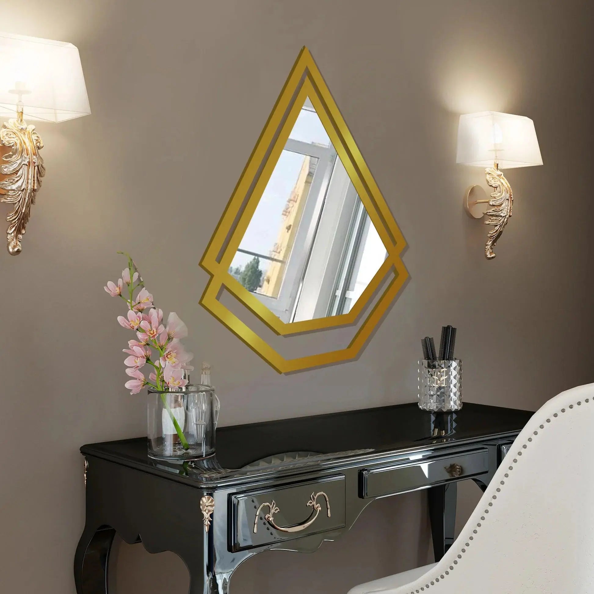 Double Kite Shape Unique Design Wooden Wall Mirror With Gold Texture - Decor Mantra 