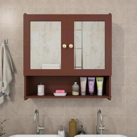 Space Saving Bathroom Mirror Cabinet with 5 Spacious Shelves with Brown Finish - Decor Mantra 