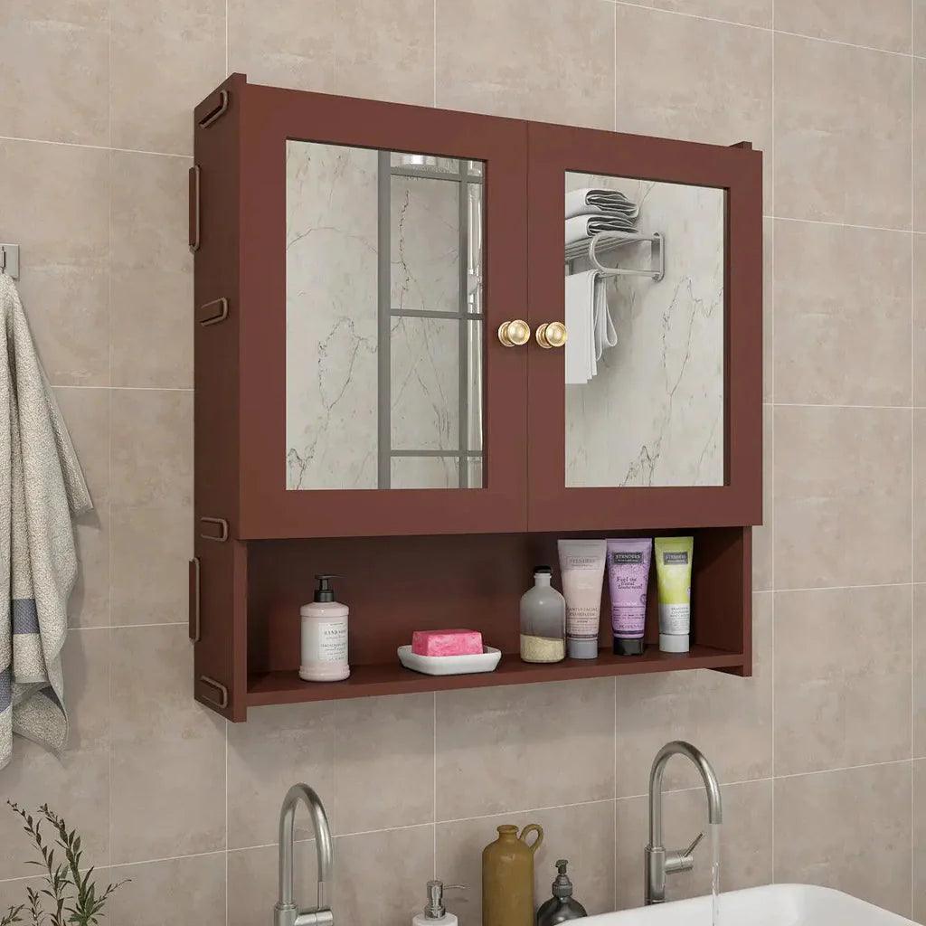 Space Saving Bathroom Mirror Cabinet with 5 Spacious Shelves with Brown Finish - Decor Mantra 