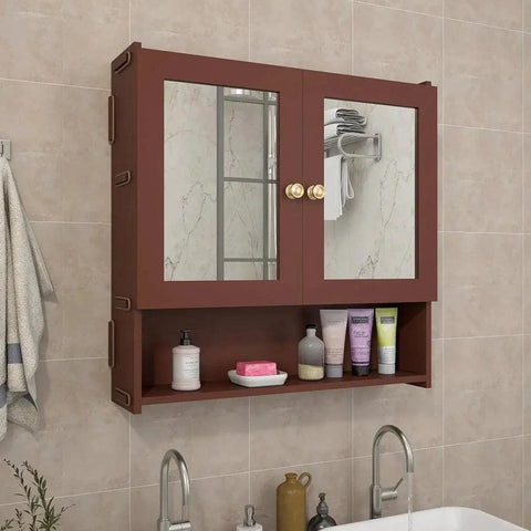 Space Saving Bathroom Mirror Cabinet with 5 Spacious Shelves with Brown Finish - Decor Mantra 