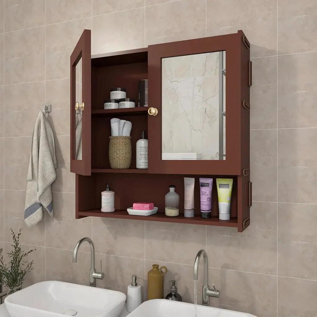 Space Saving Bathroom Mirror Cabinet with 5 Spacious Shelves with Brown Finish - Decor Mantra 