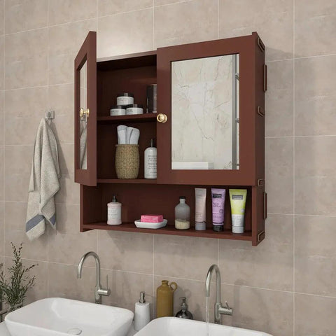 Space Saving Bathroom Mirror Cabinet with 5 Spacious Shelves with Brown Finish - Decor Mantra 