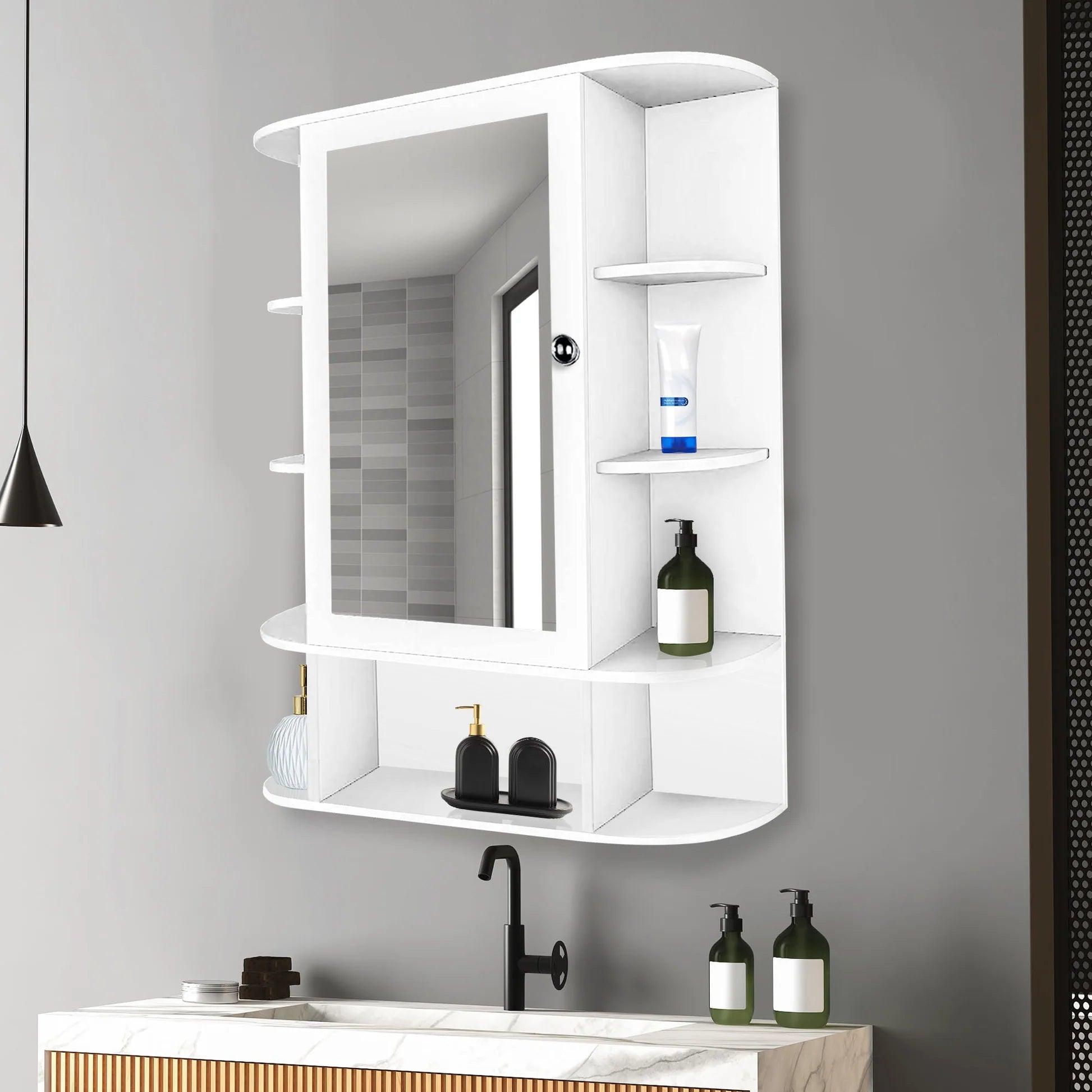 Spacious Wooden Bathroom Mirror Cabinet with 13 Shelves with White Finish - Decor Mantra 