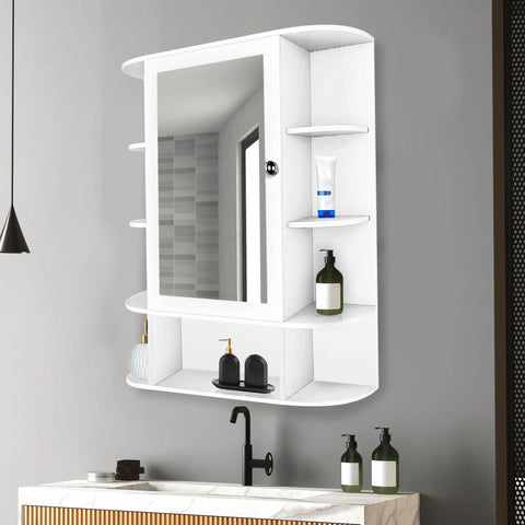 Spacious Wooden Bathroom Mirror Cabinet with 13 Shelves with White Finish - Decor Mantra 