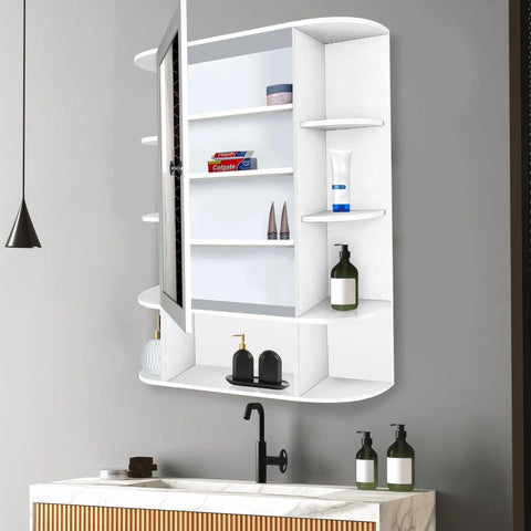 Spacious Wooden Bathroom Mirror Cabinet with 13 Shelves with White Finish - Decor Mantra 