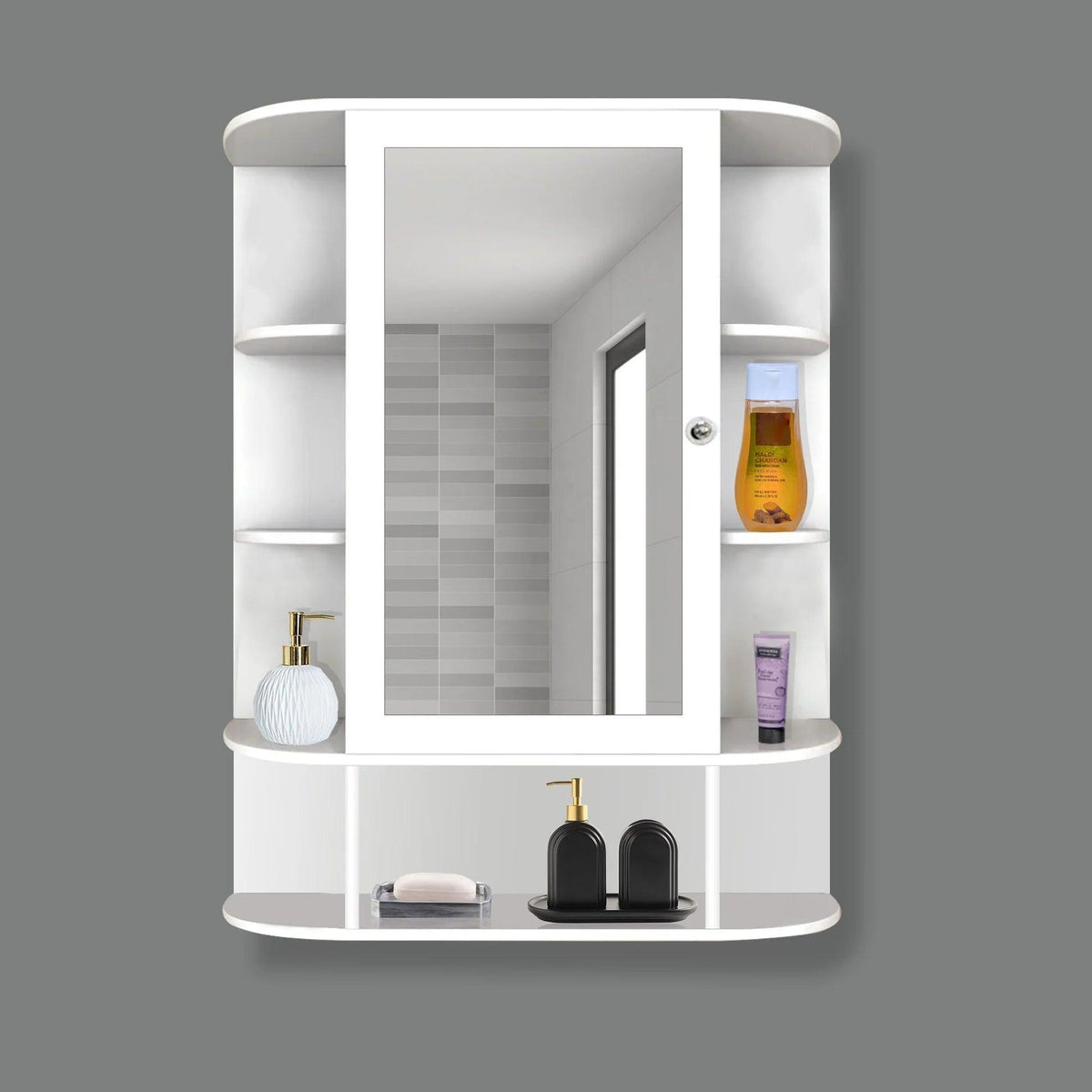 Spacious Wooden Bathroom Mirror Cabinet with 13 Shelves with White Finish - Decor Mantra 