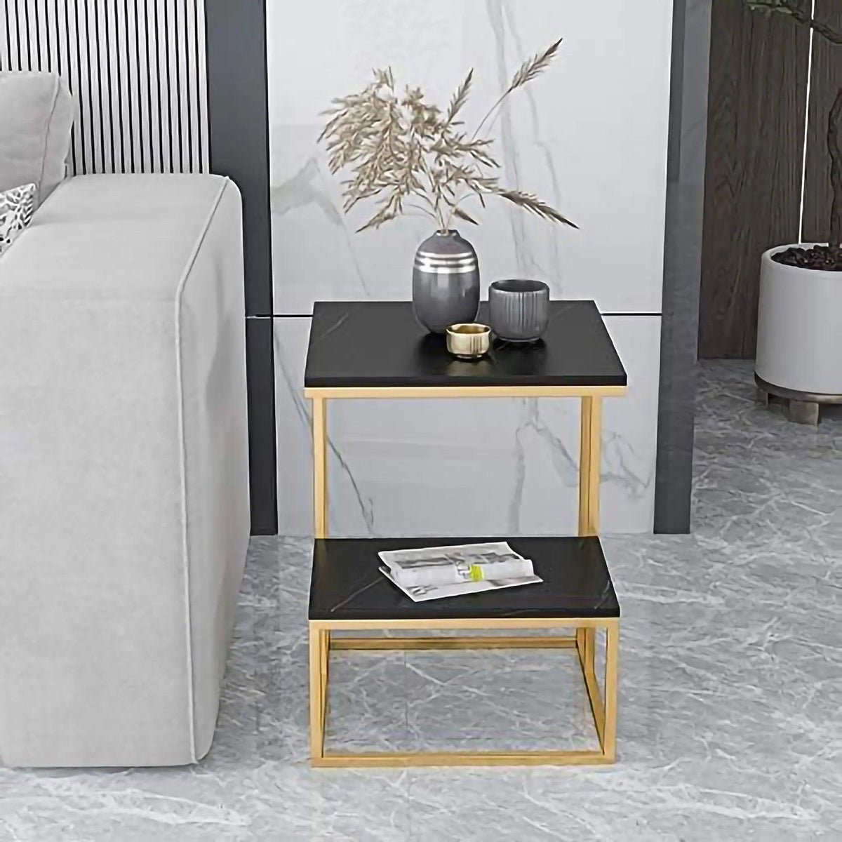 Square Geometric Elegant Golden Metal Finish Side Table with Black Marble - Decor Mantra 