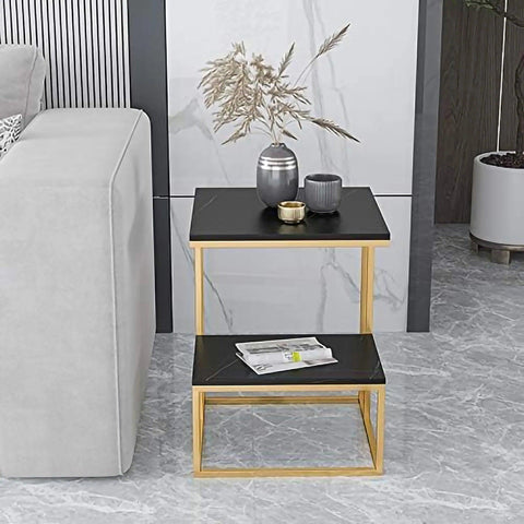 Square Geometric Elegant Golden Metal Finish Side Table with Black Marble - Decor Mantra 