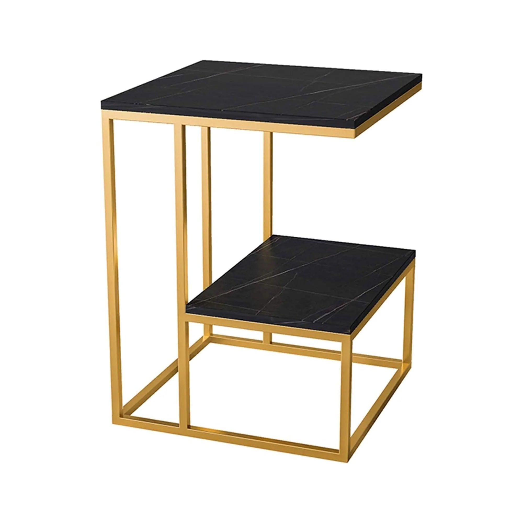 Square Geometric Elegant Golden Metal Finish Side Table with Black Marble - Decor Mantra 