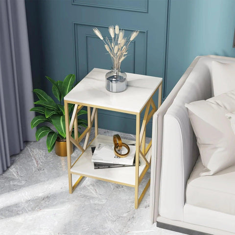 Square Geometric Rhombus Frame End Side Table with Golden Metal Finish - Decor Mantra 