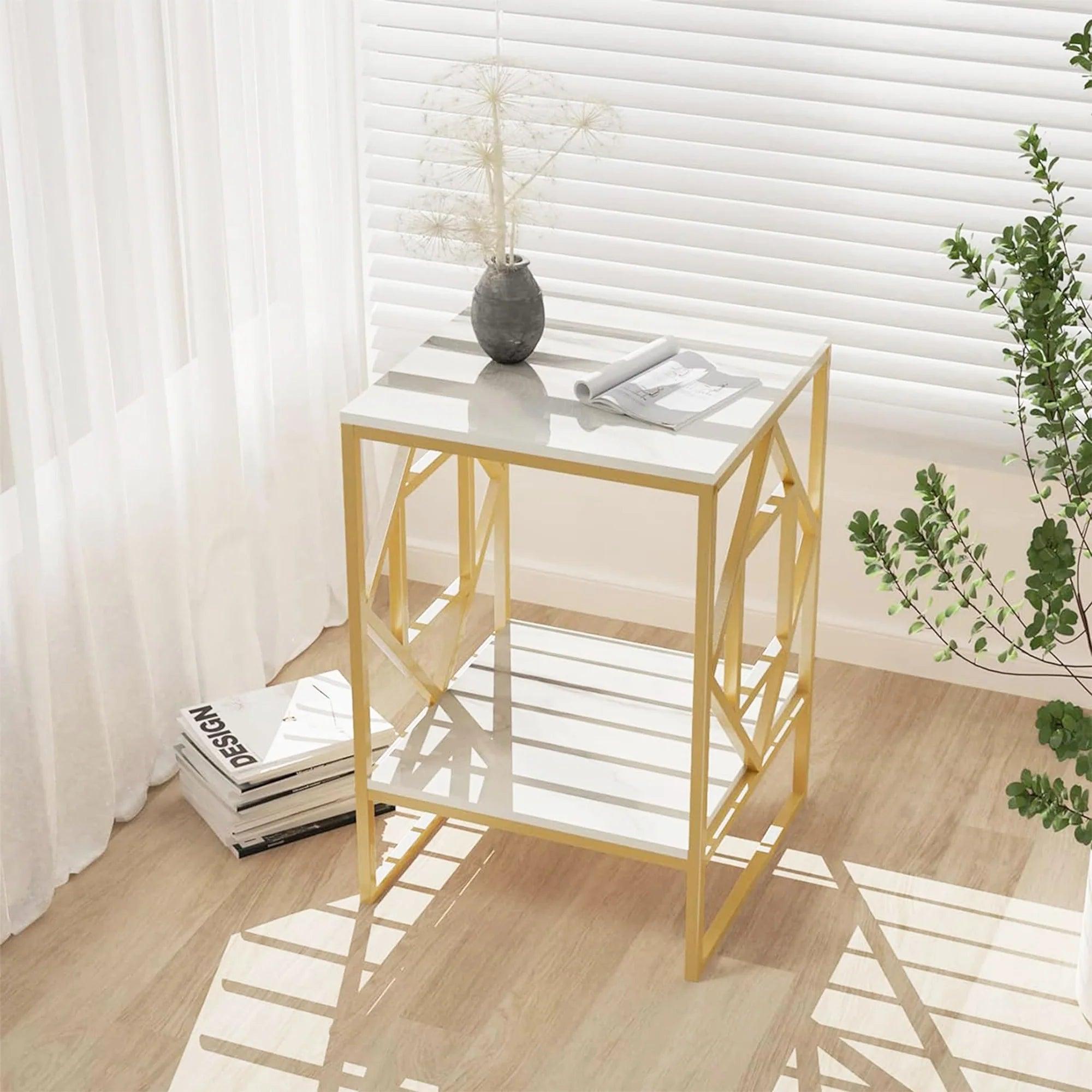 Square Geometric Rhombus Frame End Side Table with Golden Metal Finish - Decor Mantra 