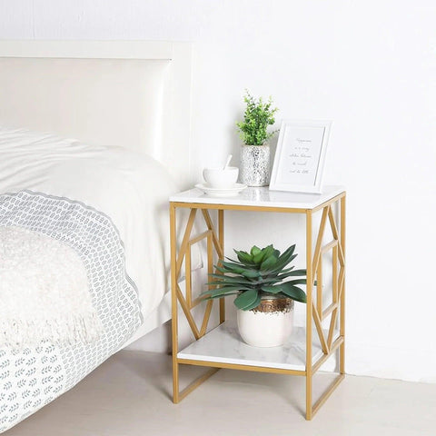 Square Geometric Rhombus Frame End Side Table with Golden Metal Finish - Decor Mantra 