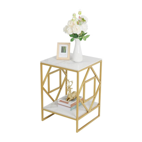 Square Geometric Rhombus Frame End Side Table with Golden Metal Finish - Decor Mantra 