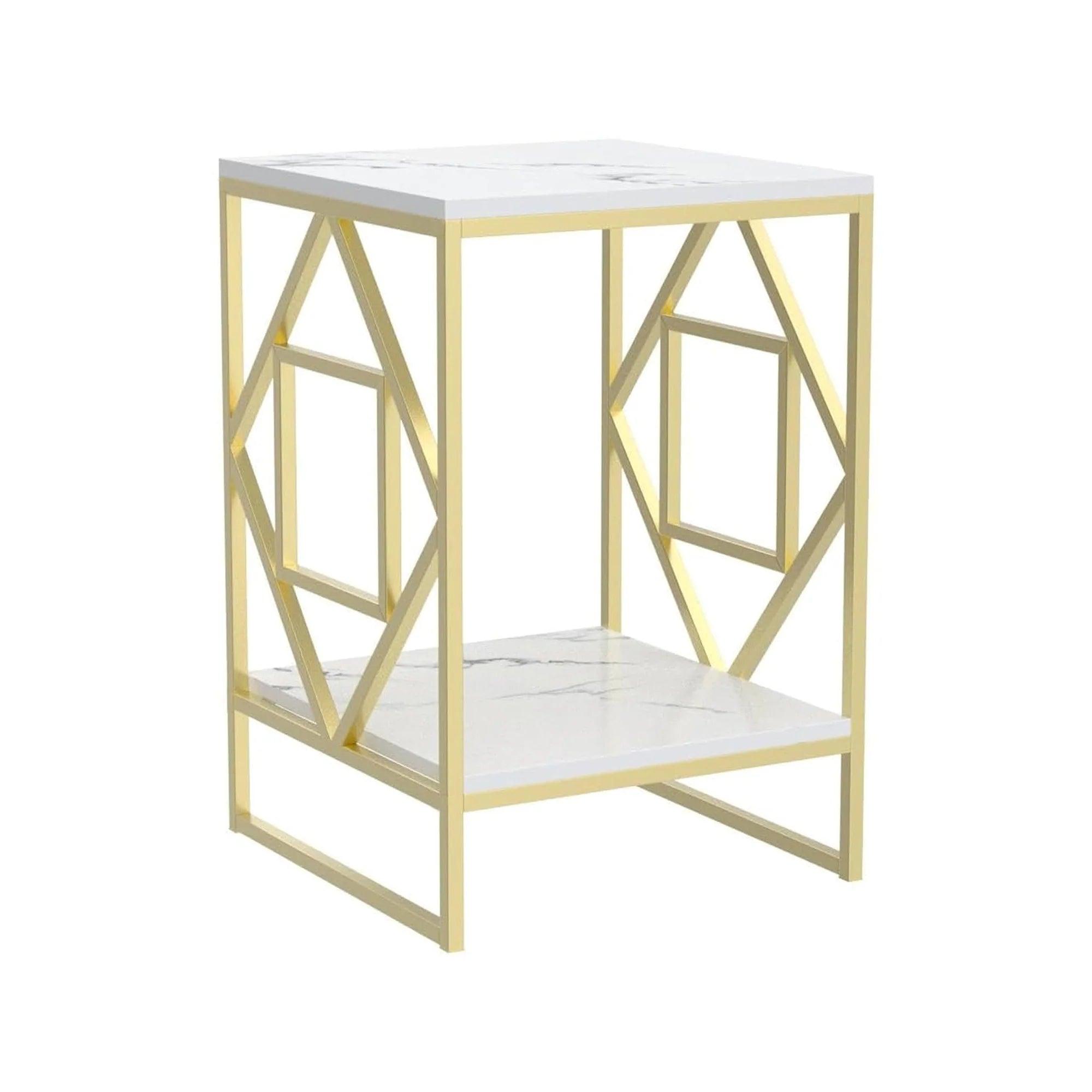 Square Geometric Rhombus Frame End Side Table with Golden Metal Finish - Decor Mantra 