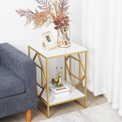 Square Geometric Rhombus Frame End Side Table with Golden Metal Finish - Decor Mantra 