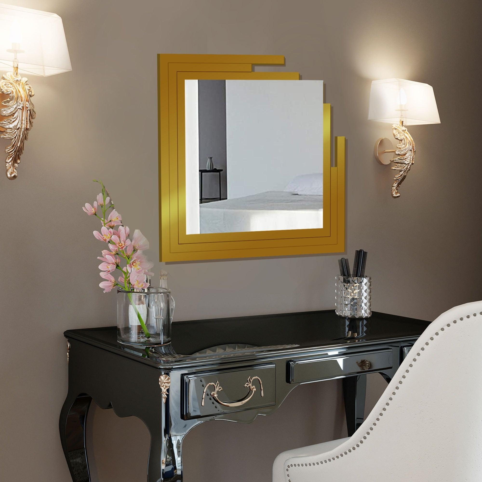 Square Shape Unique Design Wooden Wall Mirror With Gold Texture - Decor Mantra 