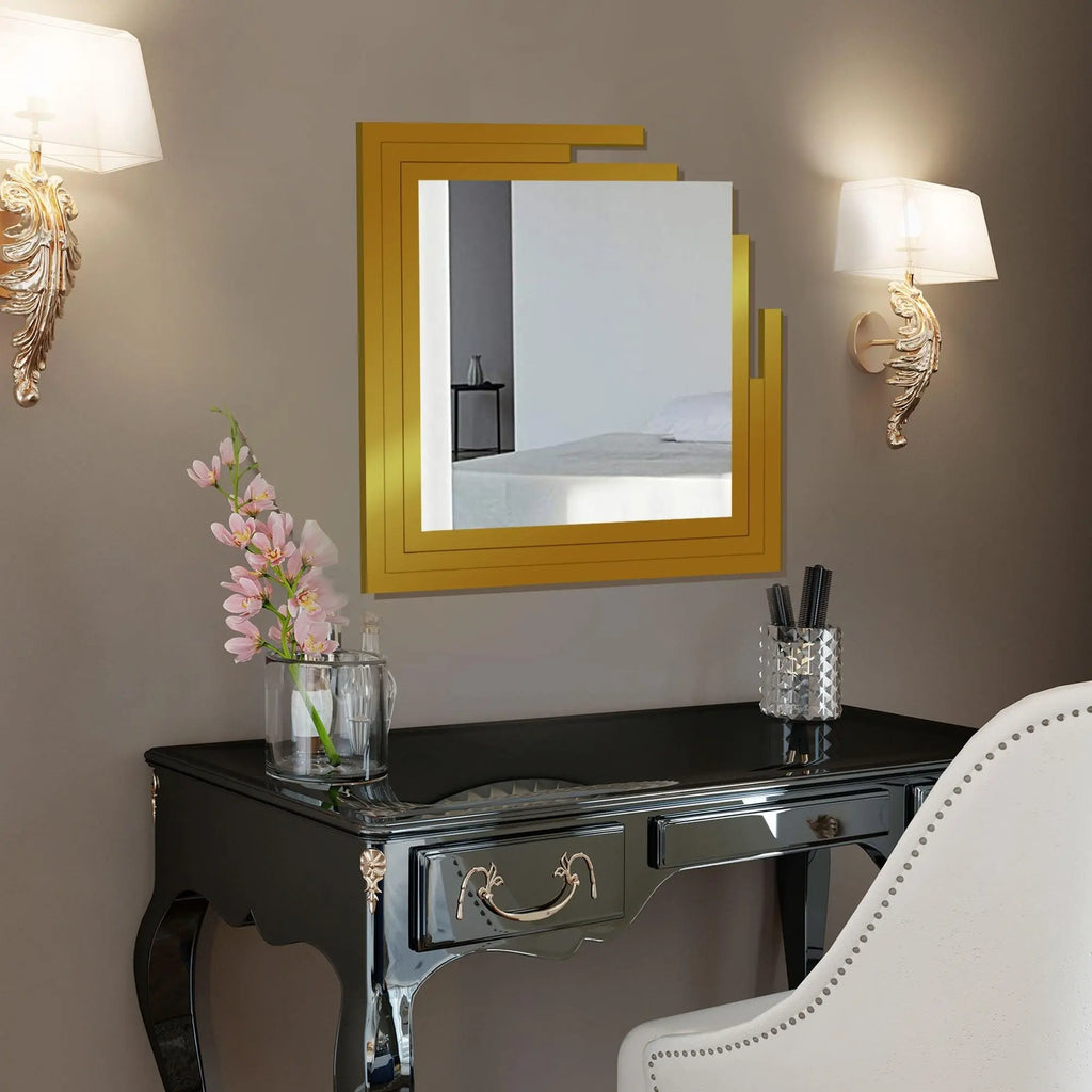 Square Shape Unique Design Wooden Wall Mirror With Gold Texture - Decor Mantra 