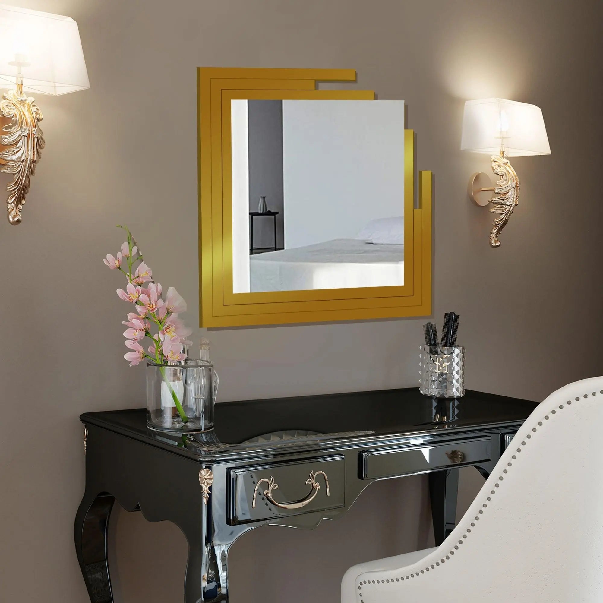 Square Shape Unique Design Wooden Wall Mirror With Gold Texture - Decor Mantra 