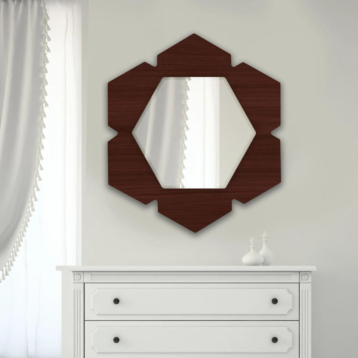 Stylish Brown Hexagon Shape Wooden Wall Mirror - Decor Mantra 