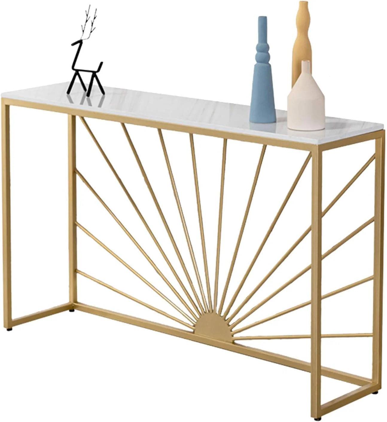 Sun Ray Pattern Designer White Marble Golden Console Table - Decor Mantra 