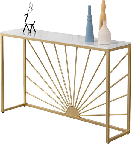 Sun Ray Pattern Designer White Marble Golden Console Table - Decor Mantra 