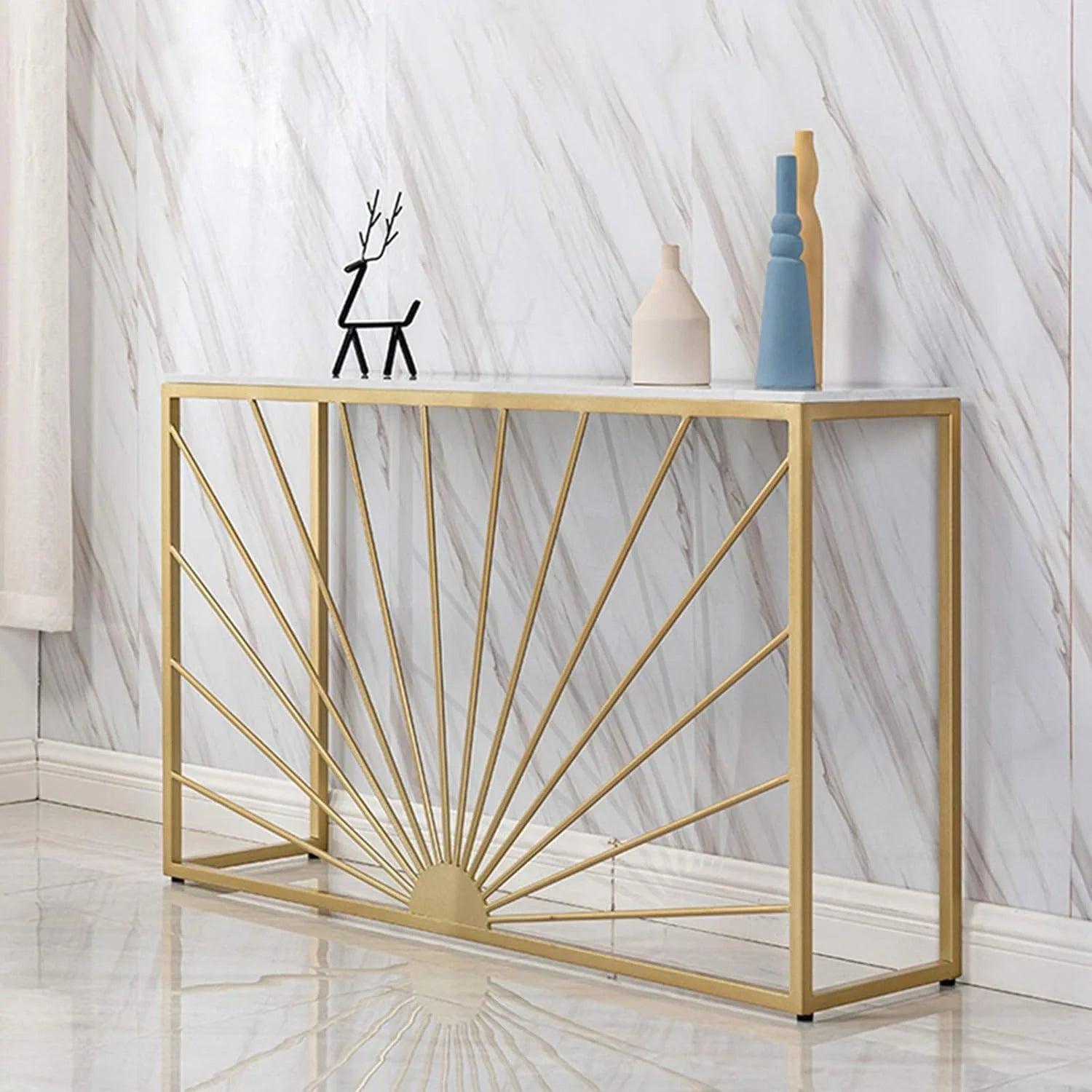 Sun Ray Pattern Designer White Marble Golden Console Table - Decor Mantra 