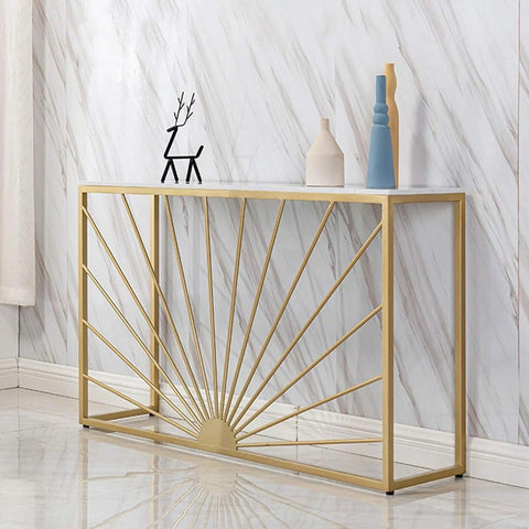 Sun Ray Pattern Designer White Marble Golden Console Table - Decor Mantra 