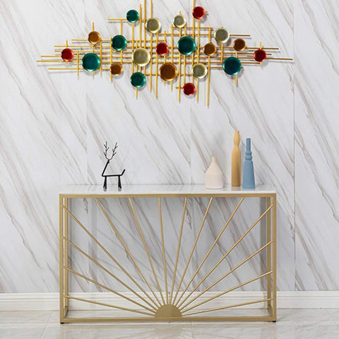Sun Ray Pattern Designer White Marble Golden Console Table - Decor Mantra 