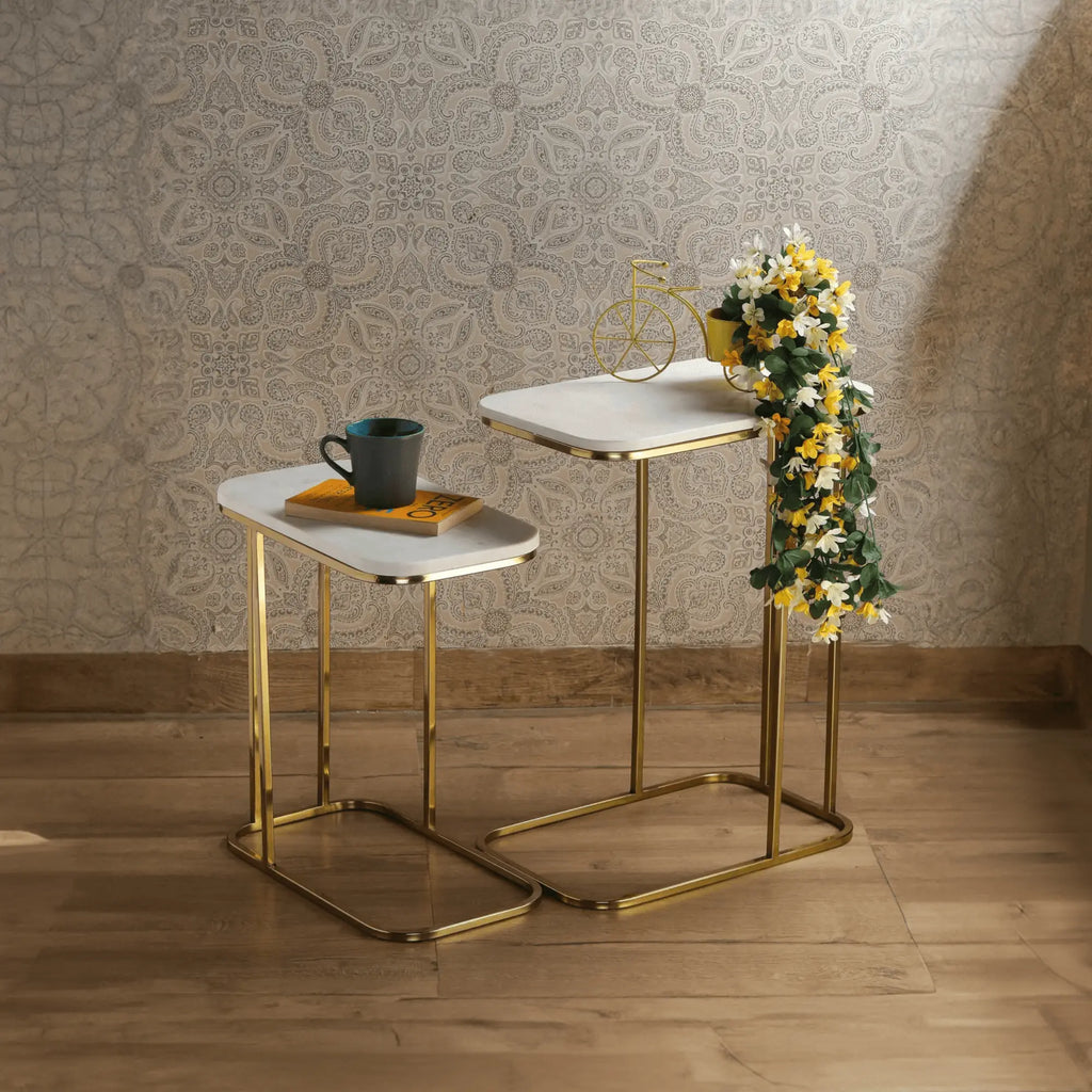 Tehran Rectangle Iron Stand Side Marble Table Set of 2 - Decor Mantra 