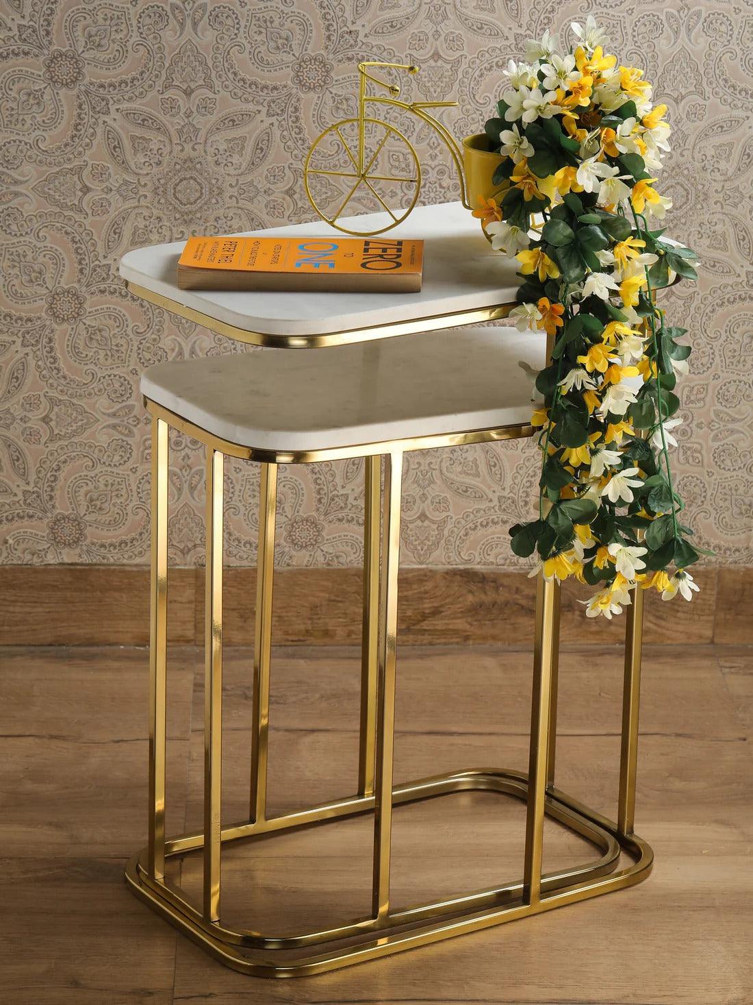 Tehran Rectangle Iron Stand Side Marble Table Set of 2 - Decor Mantra 