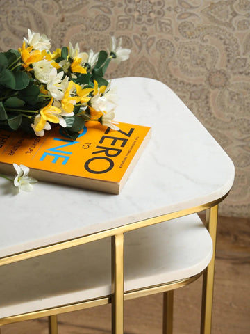 Tehran Rectangle Iron Stand Side Marble Table Set of 2 - Decor Mantra 