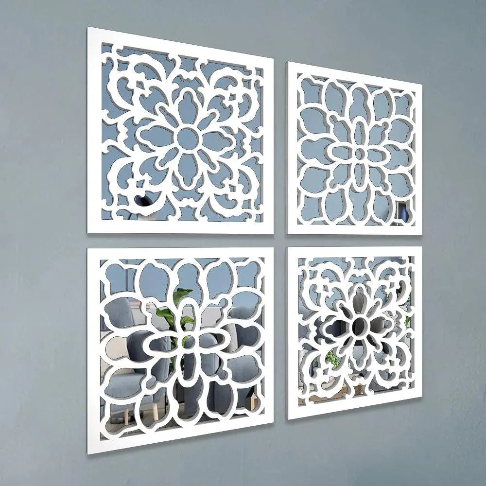 Traditional Intricate Pattern Wooden Mirror Wall Art Set of 4 - Decor Mantra 