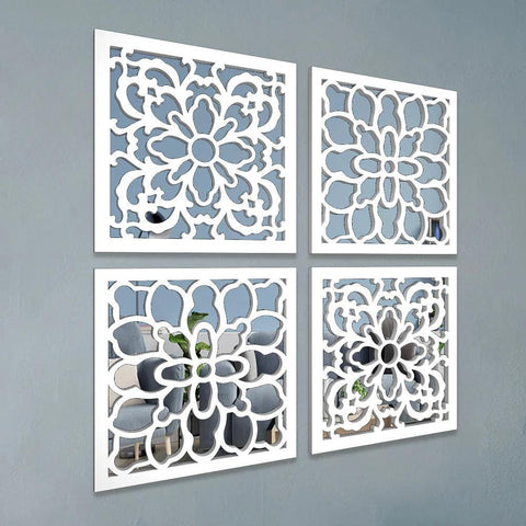 Traditional Intricate Pattern Wooden Mirror Wall Art Set of 4 - Decor Mantra 