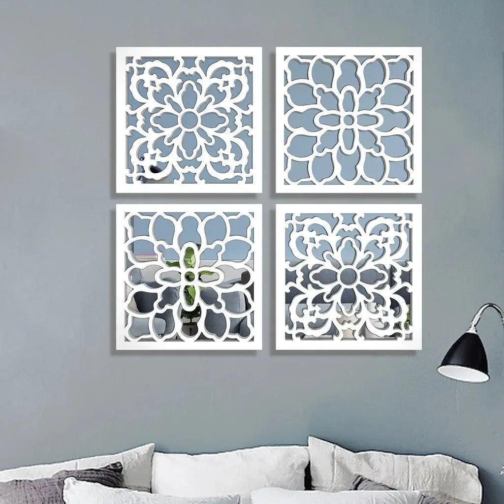 Traditional Intricate Pattern Wooden Mirror Wall Art Set of 4 - Decor Mantra 
