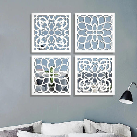 Traditional Intricate Pattern Wooden Mirror Wall Art Set of 4 - Decor Mantra 